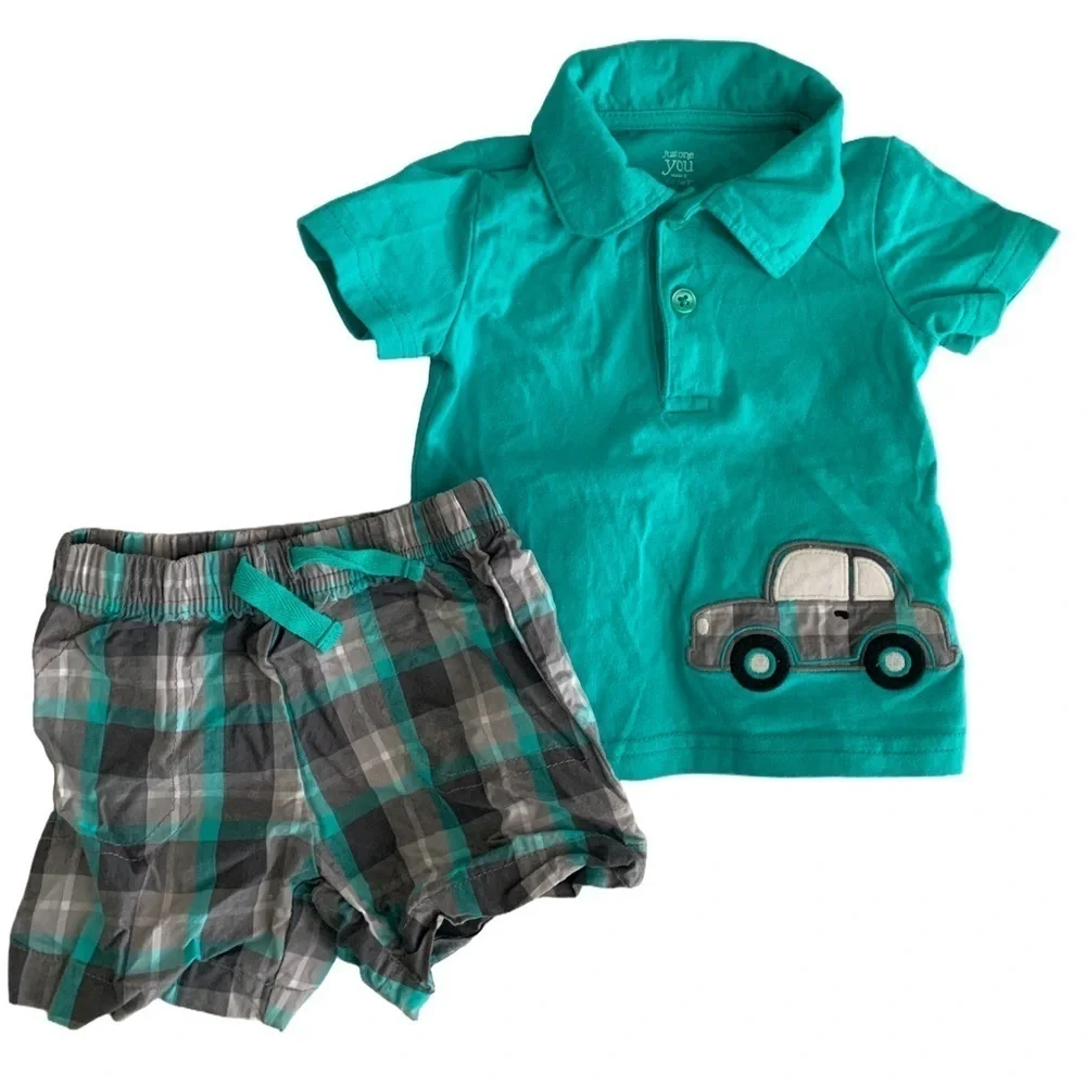 Carter's Turquoise Shirt and Gray Plaid Car Shorts Set